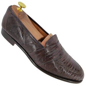 Neiman Marcus Exotic Teju Lizard Brown Dress Shoes Men 8.5 Handmade Penny Loafer